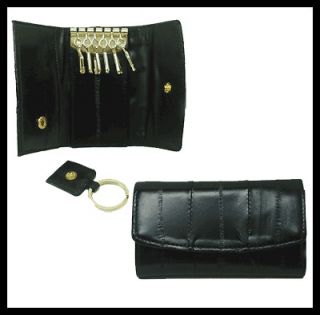 black eel skin leather key case holder chain purse
