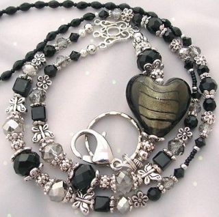 18 BLACK HEART with BLACK and GRAY CRYSTALS BEADED LANYARD ID BADGE 