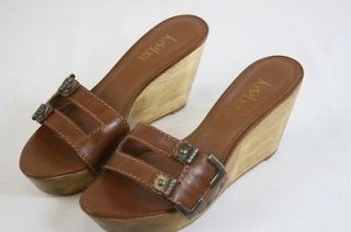Kooba Mila Luggage Brown Leather Calf Wedge Mules with Wood Heel NIB $ 