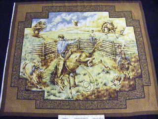 WESTERN RANCH COWBOY COWGIRL LARGE FABRIC PANEL~1 YD~BULL RIDER~HORSES 