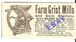 very old 1884 livingston grist mill corn sheller ad time