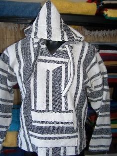 MEXICAN BAJA HOODIE SURFER PONCHO LARGE WHITE + BLACK WITH FRONT 