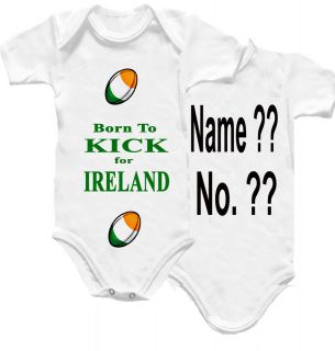 Ireland Rugby Baby Grow Shirt Irish Kick Ball Flag Babygro Name & No 