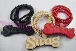 1pcs Hip Hop Letter Swag Pendant Wooden Rosary Bead Chain Necklaces