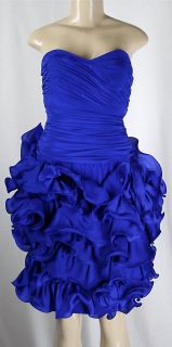 MARCHESA NOTTE Ruffle Dress Ruched Corset Strapless Silk Electric Blue 