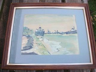 Vintage Mary Prittie Original Watercolor 1981 Freighters on Welland 