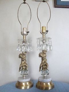 Vintage Pair of FIGURAL CHERUB PUTTI LAMPS w/Prisms + Marble Base 29 