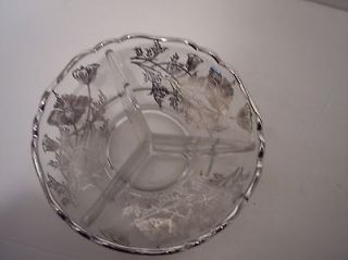 Vintage Depression Glass Flanders Poppy Silver Overlay Divided Relish 