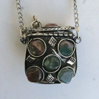  Tibetan Coin Copper 11 Gemstone Snuff Bottle Amulet Pendant Necklace