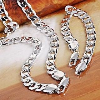 set mens 18k white gold filled necklace&brace​let GF jewelry curb 