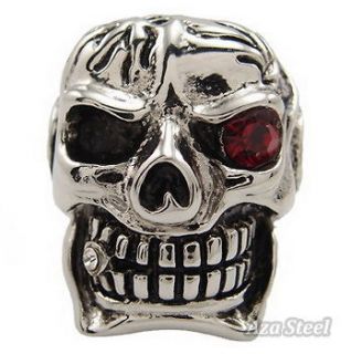 Mens Big Silver Skull Red Eye CZ Cigar Biker Stainless Steel Ring 