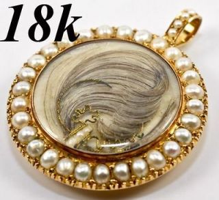Antique Georgian 18k Gold Mourning Pendant, Seed Pearls & Locket Back 
