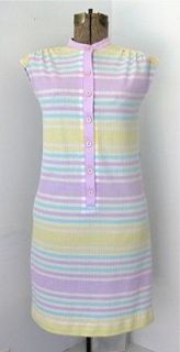   70s Mod Purple Yellow Aqua Stripe Knit Cap Sleeve Scooter Brady Dress