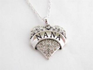 Nana Grandma Grandmother Silver Chain Necklace Clear Rhinestone Heart 
