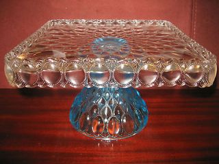 Square Blue & Crystal clear Glass cake serving stand plate platter 