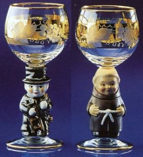   Wine Glass Set with Goebel Hummel Monk and Chimney Sweep Figures