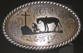 youth nocona belt buckle silver cowboy praying at the cross