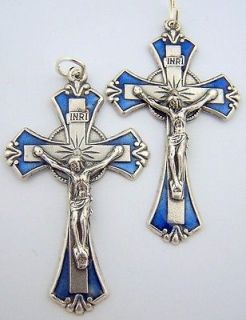 Rare Blue Enameled Silver 2 Crucifix Lot 2 Detailed Christ Jesus 