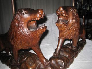   Folk Art Carved Walnut Lions Table Lamps 19c Black Forest Sculptures
