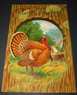Old 1911 THANKSGIVING Greetings Postcard   Turkey & Ax / Hatchet