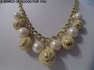   GOLD & OFF WHITE PEARLS LACE 18 20 BIB NECKLACE W/GOLD CHAIN