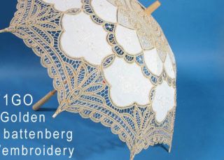 Gold Embroidered Battenburg Lace Parasol Sun Umbrella Battenberg 
