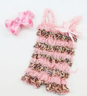 Baby Girls Light Pink Leopard Lace Petti Rompers Straps Bow Headband 