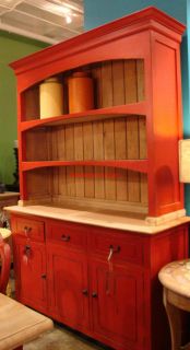 Farmhouse Open Hutch Buffet Red Distressed with Driftwood