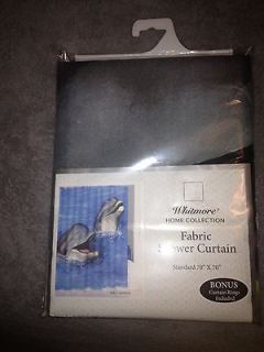New Whitmore SMILING DOLPHINS Fabric SHOWER CURTAIN Blue Grey Ocean