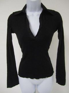   Black Long Sleeve V Neck Collared Polo Shirt Top Sz 0 PAULA ABDUL