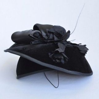 PETER BETTLEY LONDON Black Velvet Hat+Satin Bow+Silky Flowers Elegant 
