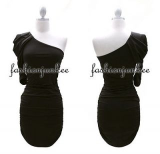 BLACK Puffed One Shoulder Mini Dress 3/4 Sleeve Sexy Short NEW Puffy S