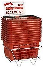 SET OF 12 RED PLASTIC SHOPPING BASKETS   INCLUDES STAND & SIGN