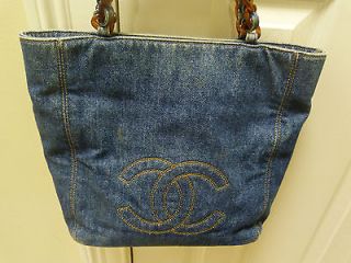 Authentic Chanel Denim Tote Bag Purse with Tortoise Shell Handles