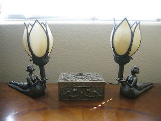   ART NOUVEAU BRONZE LAMPS LADY GAZING AT TULIP SLAG GLASS SHADES