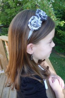 Boutique rolled flower hairbow headband shabby chic Black Silver Grey 