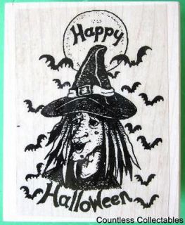 Batty Witch Hat Warts Bats Happy Halloween Scary Funny Rubber Stamp 