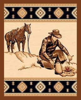 Western Cowboy and Horse Resting 5x8 Area Rug Brown New Actual Size 5 