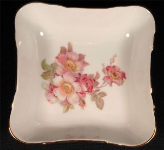 Schumann Wild Rose Square Porcelain Candy Trinket Dish Floral Gold 