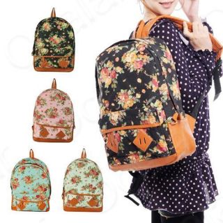   Girls Floral Canvas School Book Satchel Travelling Backpacks Rucksack
