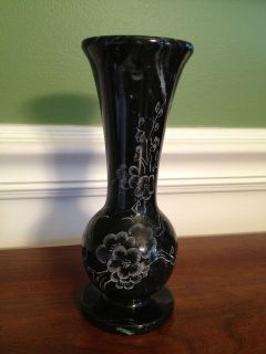 Vintage Black Marble White Viened Hand Etched Carved Vase 8