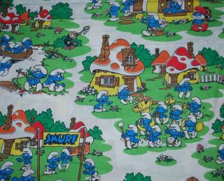 Vintage Smurfs Smurfette Twin Flat Bed Sheet Vibrant Colors Craft 