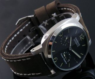   parnis black dial Power Reserve Auto Watch gray cow leather PN061