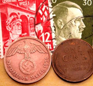 WW2 US Wheat CENT & NAZI German 2 Reichspfennig Coin/Swastika & Hitler 