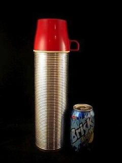 Vintage THERMOS Silver Ribbed Metal QUART VACUUM BOTTLE Tall Lunch