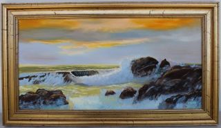   Original Oil Painting Seascape Art Ocean Beach Waves w Golden Frame