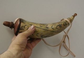Large Carved Powder Horn w/Cap & Plug, Leather Sling approx ### in end 