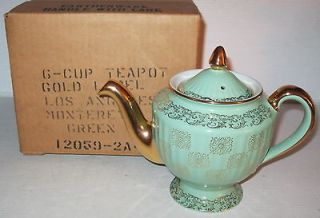   LABEL* LOS ANGELES MONTEREY GREEN* 6 cup TEAPOT w/BOX*NEW/OLD STOCK