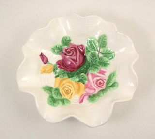 Vintage Majolica Art Pottery Bowl Shabby Roses Chic Decor Ruffled Rim
