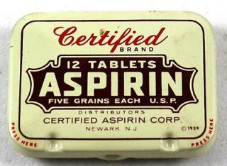 Certified Brand 12 Tablets vintage 1939 ASPIRIN TIN Medicine 